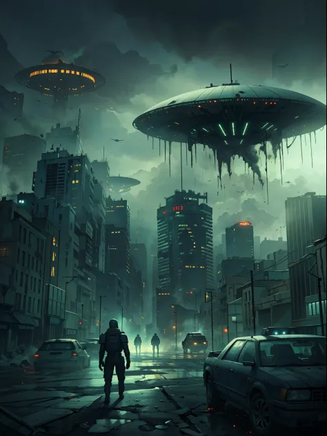 "Creepy and intense alien invasion scene with dark atmosphere, dramatic lighting, and intense action. Show powerful extraterrestrial creatures, advanced technology, destroyed cityscape, panicked civilians, and a sense of imminent danger. Generate an unsett...