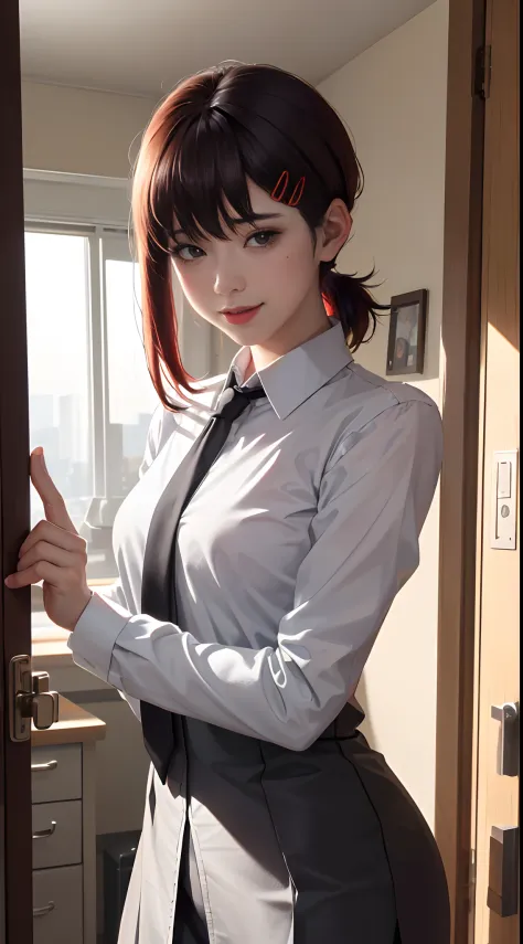 tmasterpiece，best qualtiy，ultra - detailed，illustratio，epic lighting，cinematic compositions，isometry，1girll，ssmile，Redlip，独奏，adolable，Black eyes，Black color hair，By bangs，red hair clips，blouse with a white collar，black necktie，Black pantsuit，Professional D...