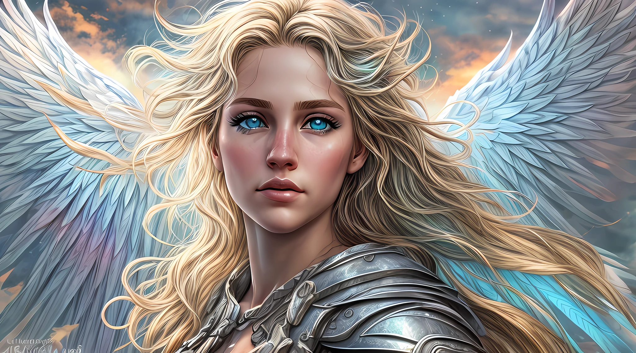 high details, best quality, 16k, [ultra detailed], masterpiece, best quality, dynamic angle, ultra wide shot, RAW, photorealistic, fantasy art, realistic art, a picture of an archangel flying in a the sky between the clouds, fantasy art, RPG art, a full distance shot, full body, an epic beautiful female archangel, blond hair, long hair, (wavy hair: 1.2), (blue eyes: 1.2), intense eyes (best detailed face: 1.3), (ultra feminine: 1.3) spread angelic wings angel_wings, rainbow highlights (rainbow colored wings: 1.5) wearing heavy armor, (with glowing divine sigils: 1.2), light clouds in the background, a n epic (rainbow: 1.5) between the clouds, 16k, ultra detailed, masterpiece, best quality, ultra detailed, full body, ultra wide shot, photorealistic,