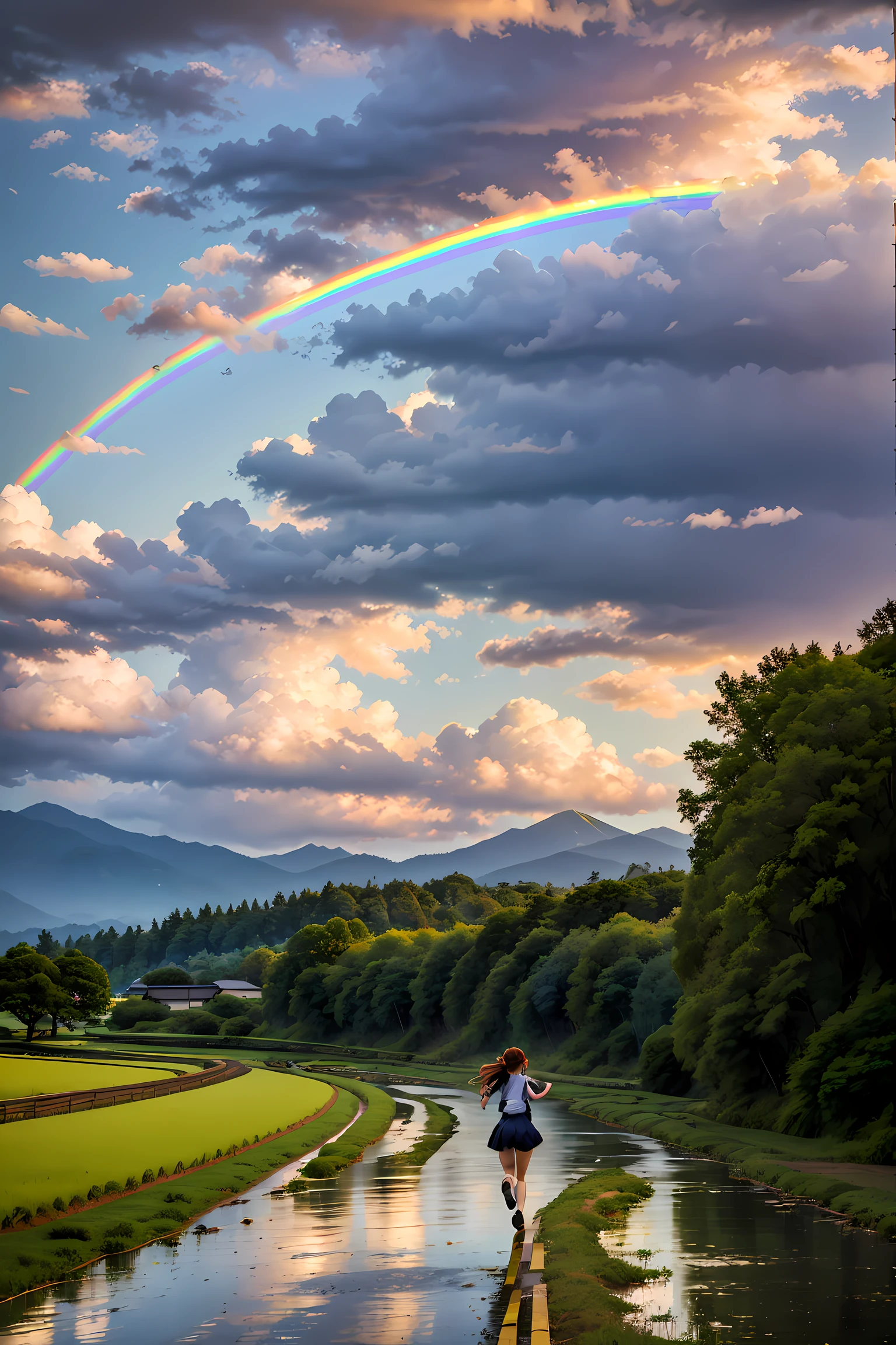 arcoiris、hermoso arcoiris、(cielo arco iris:1.5), Chica de secundaria corriendo hacia el arco iris colgando hacia la montaña、Un gran, hermoso arcoiris en las montañas、Chica de secundaria japonesa、usar un uniforme escolar、Camino después de la lluvia、campos de arroz、mes、arcoiris、Vista al campo、Paisaje rural en Japón、atardecer、libélula roja、Splash jugando fondo de moscas rojas.,