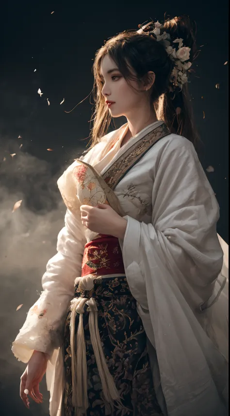 (best quality,4k,a high resolution,masterpiece:1.2),ultra-detailed,realistic, black and white hanfu,black embroidery, flowing wh...