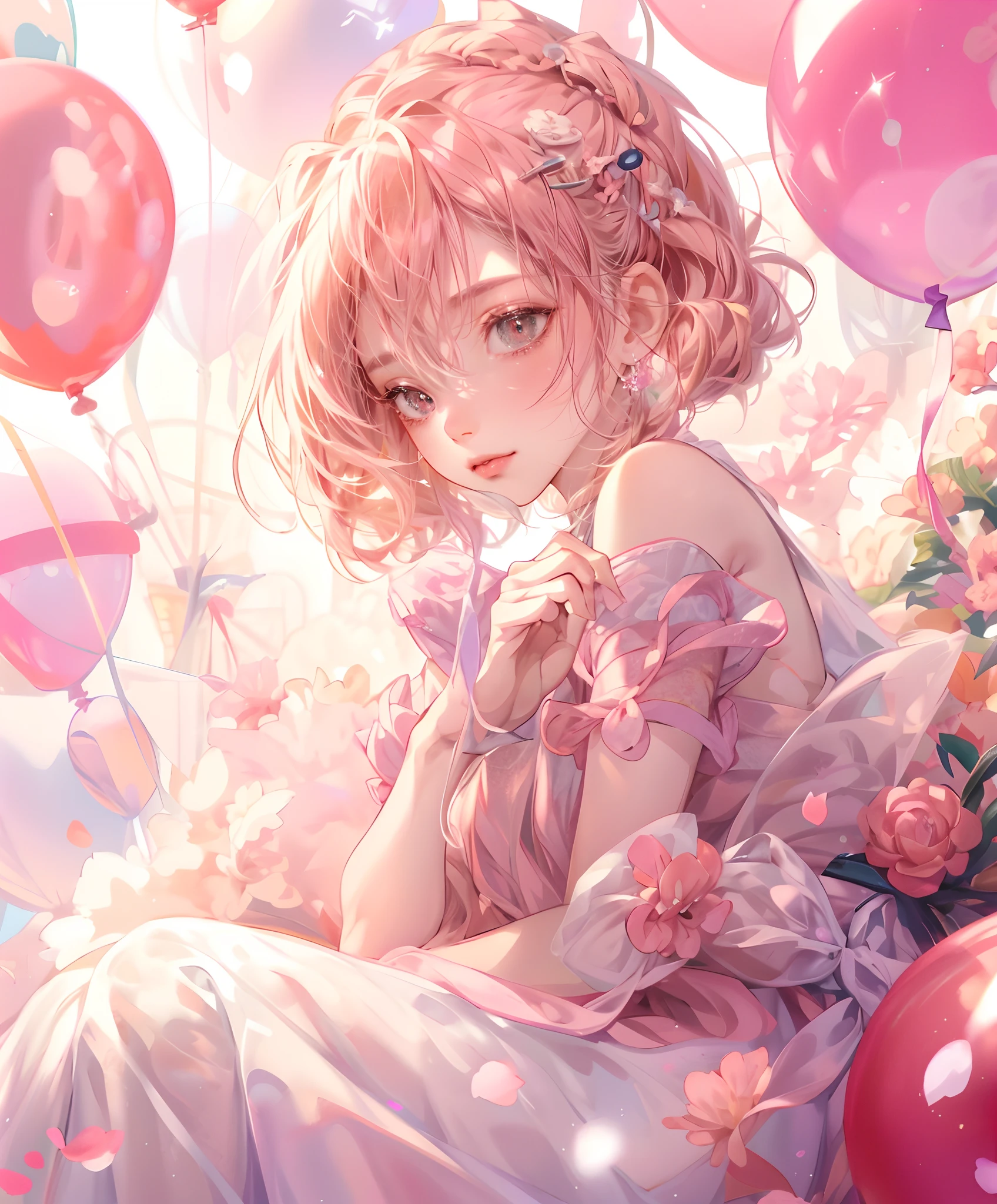 Anime-Mädchen mit rosa Haaren und rosa Kleid, umgeben von Luftballons -  SeaArt AI