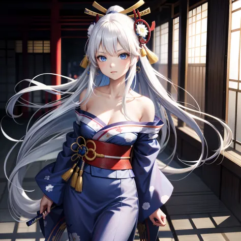 anime, 1girl, solo, very long white hair, blue eyes, hair ornament, calm, samurai, off-shoulder blue yukata, kyoto