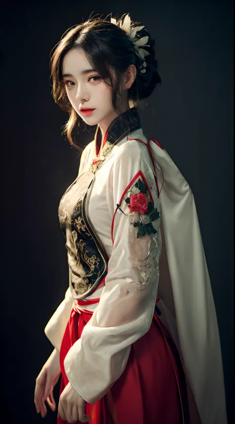 (best quality,4k,a high resolution,masterpiece:1.2),ultra-detailed,realistic, black and white hanfu,black embroidery, flowing wh...