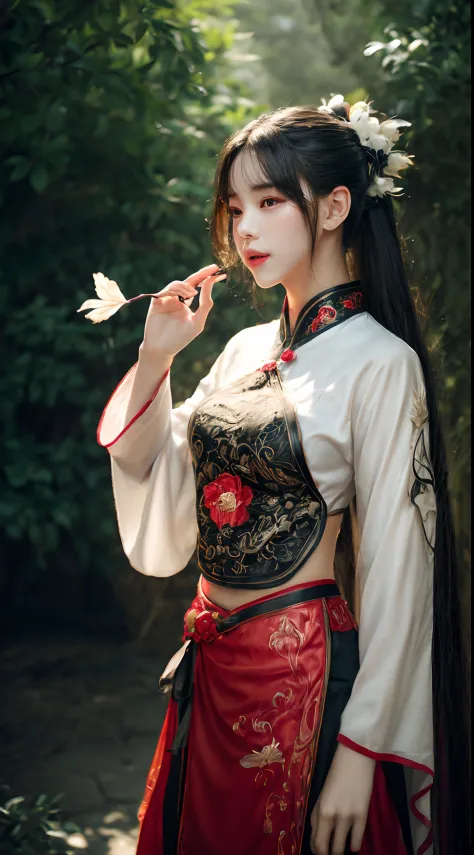 (Best quality,4K,A high resolution,Masterpiece:1.2),Ultra-detailed,Realistic, Black and white Hanfu,Black embroidery, Flowing wh...