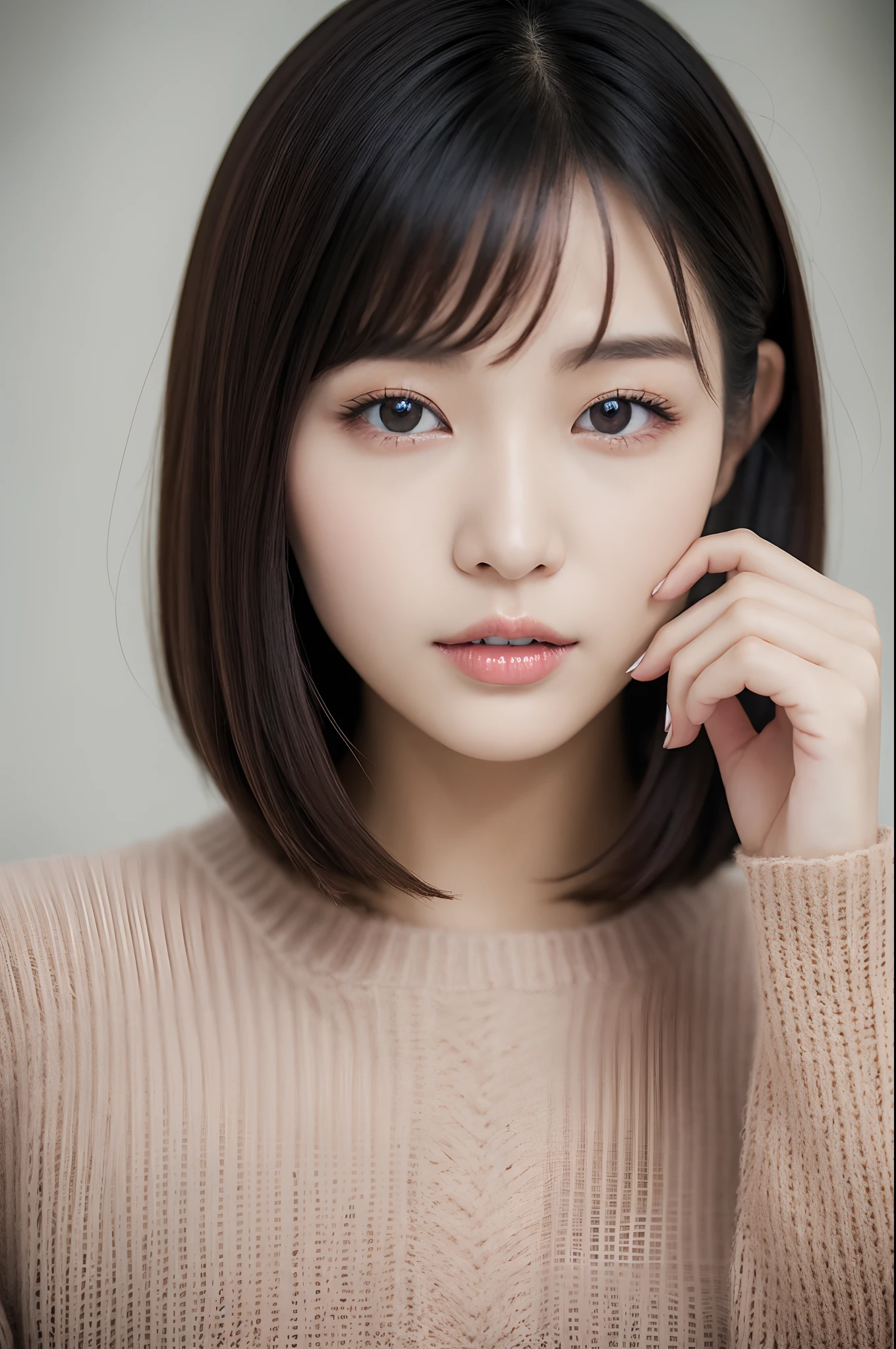 a close up of a woman in a sweater posing for a picture, Middle metaverse, 奈良美智, japanese model, beautiful asian girl, with short hair, 2 4 year old female model, 4 k ], 4k], 2 7 years old, sakimichan, sakimi chan