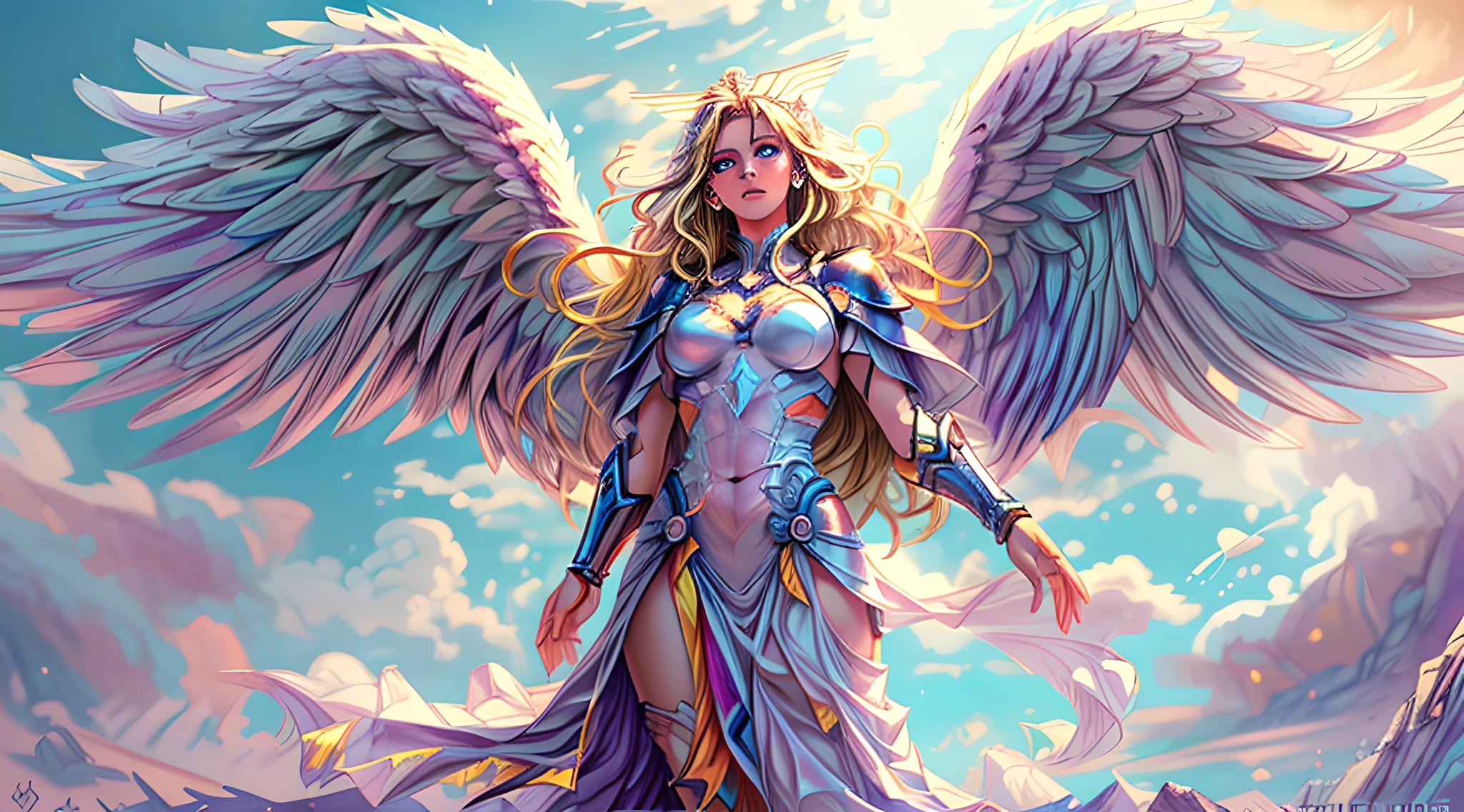 high details, best quality, 16k, [ultra detailed], masterpiece, best quality, dynamic angle, ultra wide shot, RAW, photorealistic, fantasy art, realistic art, a picture of an archangel flying in a the sky between the clouds, fantasy art, RPG art, a full distance shot, full body, an epic beautiful female archangel, blond hair, long hair, (wavy hair: 1.2), (blue eyes: 1.2), intense eyes (best detailed face: 1.3), (ultra feminine: 1.3) spread angelic wings angel_wings, (rainbow colored wings: 1.5) wearing heavy armor, (with glowing divine sigils: 1.2), light clouds in the background, a n epic (rainbow: 1.5) between the clouds, 16k, ultra detailed, masterpiece, best quality, ultra detailed, full body, ultra wide shot, photorealistic, 2.5D rendering