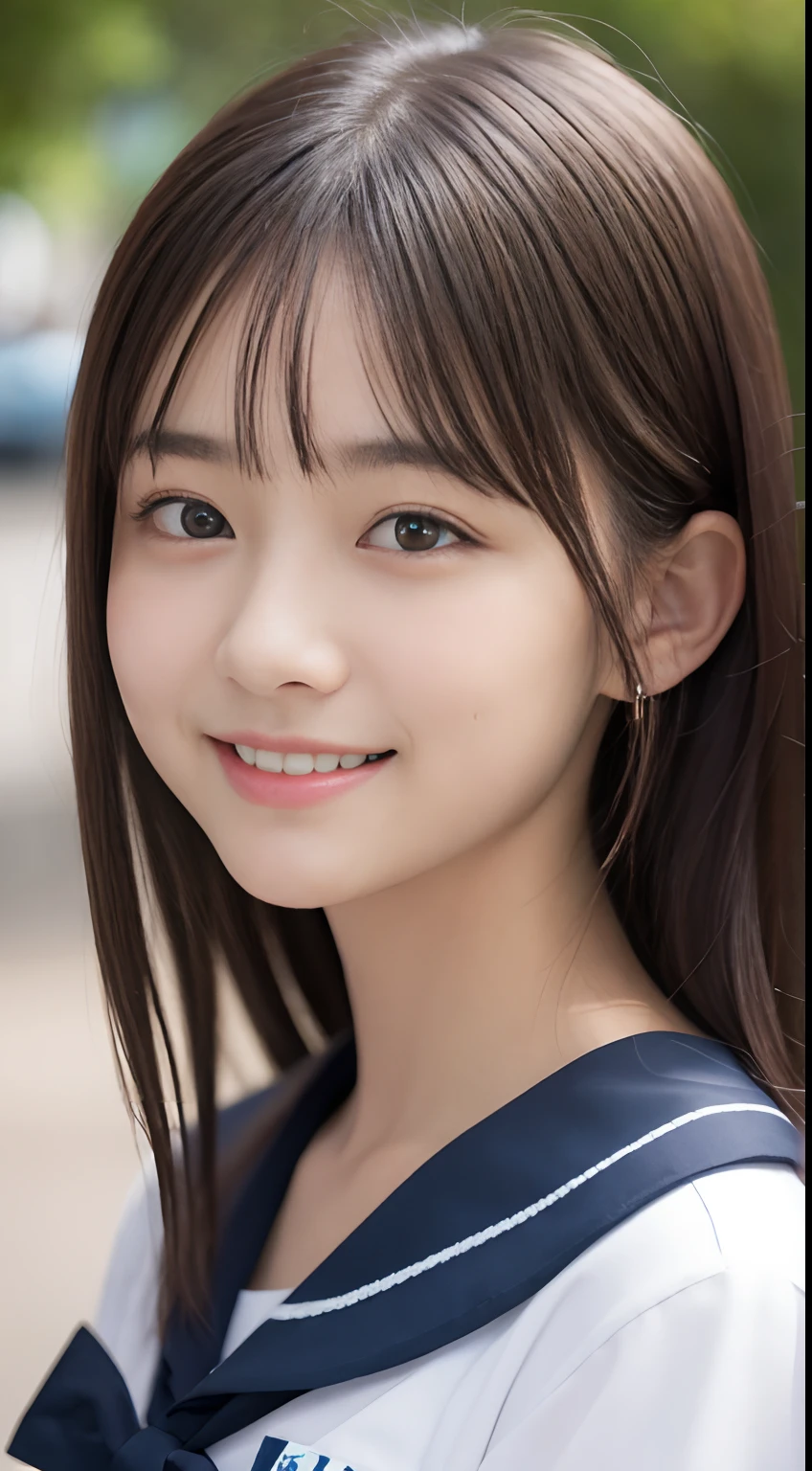 masutepiece, Best Quality, 8K, sixteen years old, Teen, Raw photo, absurderes, award winning portrait, Smile, Smile, Solo, during daytime, Idol face, violaceaess, gardeniass, Delicate girl, Upper body, Digital SLR, Looking at Viewer, Candid, Sophisticated, zora々Right, Thin arms, Professional Lighting, Film grain, chromatic abberation, (Eyes and faces with detailed:1.0), (Bokeh:1.1), (hyper pretty face:1.2)、(beautiful countenance:1.2),　Beautie、Japan High School Girl Traditional Uniform、(White short sleeve sailor uniform:1.2), A dark-haired、Middle straight hair、bangss、japanes、