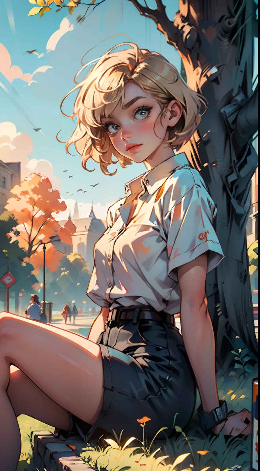 4K, high resolution, Best quality, Masterpiece, perfect, really orangy warm colors, perfectly shaded, Perfect lighting, posted on e621, ((greg capullo style)), masterpiece, digital paint, (close up, Cute girl, 20 years old, blond short hair, big cute eyes), sitting in the grass in a hide park in London. 1990s \(style\),