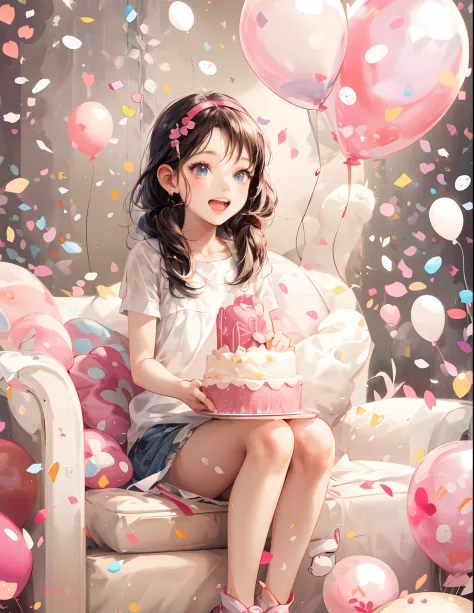 anime girl with balloons and confetti in the air, anime visual of a cute girl, young anime girl, beautiful anime art style, anim...