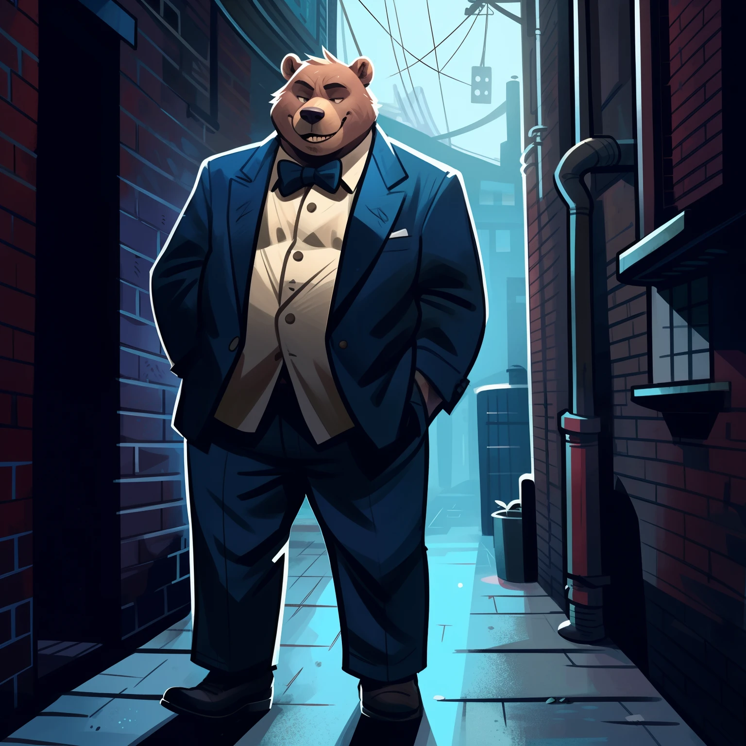 There is a cartoon bear dressed in a tuxedo standing in a alleyway - SeaArt  AI