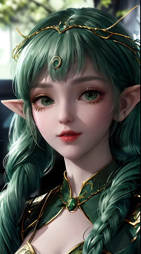 a close up of a person with green hair and a dress, portrait knights of zodiac girl, beautiful elf with ornate robes, alluring e...