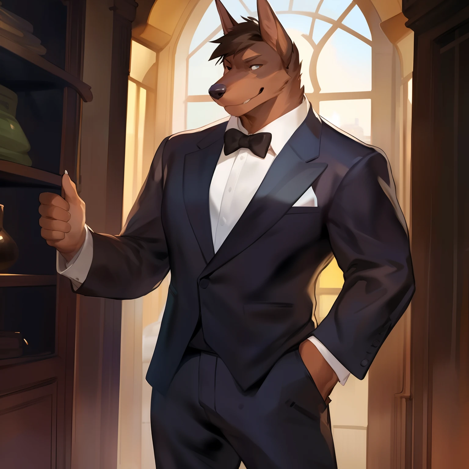 Solo, Male, canine, Doberman, (hair, snout), Muscular, by Bebebebebe, by Spikes, By Darkgem, by Mystic Fox 61, by Chunie, standing, suit