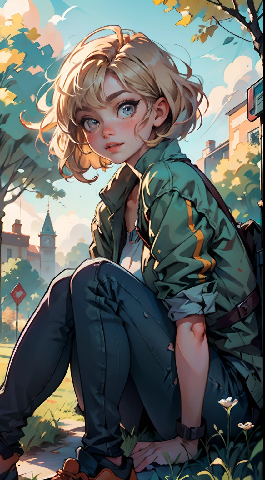 4K, high resolution, Best quality, Masterpiece, perfect, really warm colors, perfectly shaded, Perfect lighting, posted on e621, ((greg capullo style)), masterpiece, digital paint, (close up, Cute girl, 20 years old, blond short hair, big cute eyes, happy), sitting in the grass in a hide park in London. 1990s \(style\),