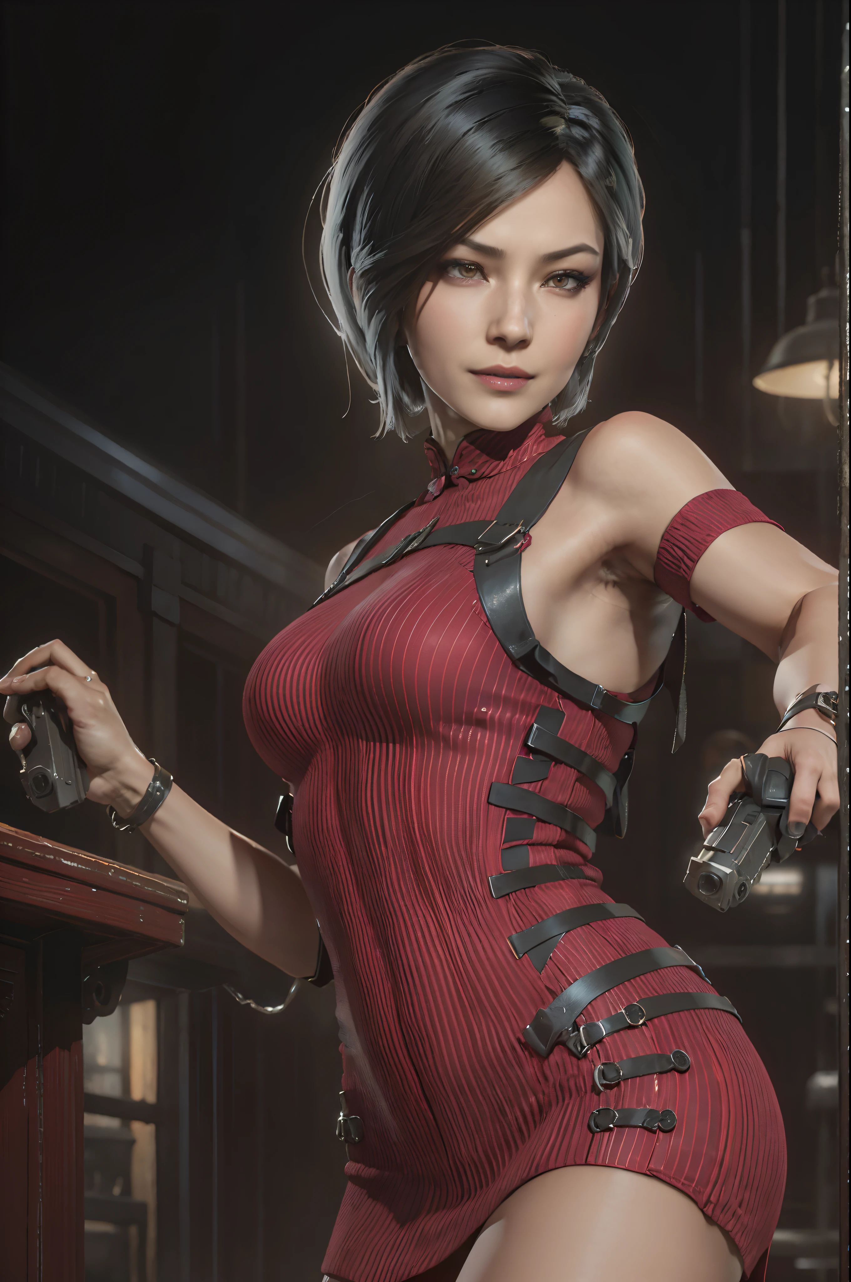 1 Mädchen， Solo， Ada Wong im Resident Evil 4-Remake， kurzes, detailreiches Haar, Brünette Farbe Haar， Rotes Cheongsam， Kurzarmhemd，， große Brüste， upper legs， hindquarters， schwarze Absätze， Adrianas Gesicht， Publikum schaut， schlaues Lächeln， Die Pistole hing um ihre Taille， Beste Qualität zum besten Preis， Eine hohe Auflösung：1.2， Dorf aus dem 18. Jahrhundert im Hintergrund， Beschattung， Alptraum， Strahlen des Mondlichts， Oberkörperschießen， niedriger Kamerawinkel、Tiefenschärfe、Fokus zentrieren