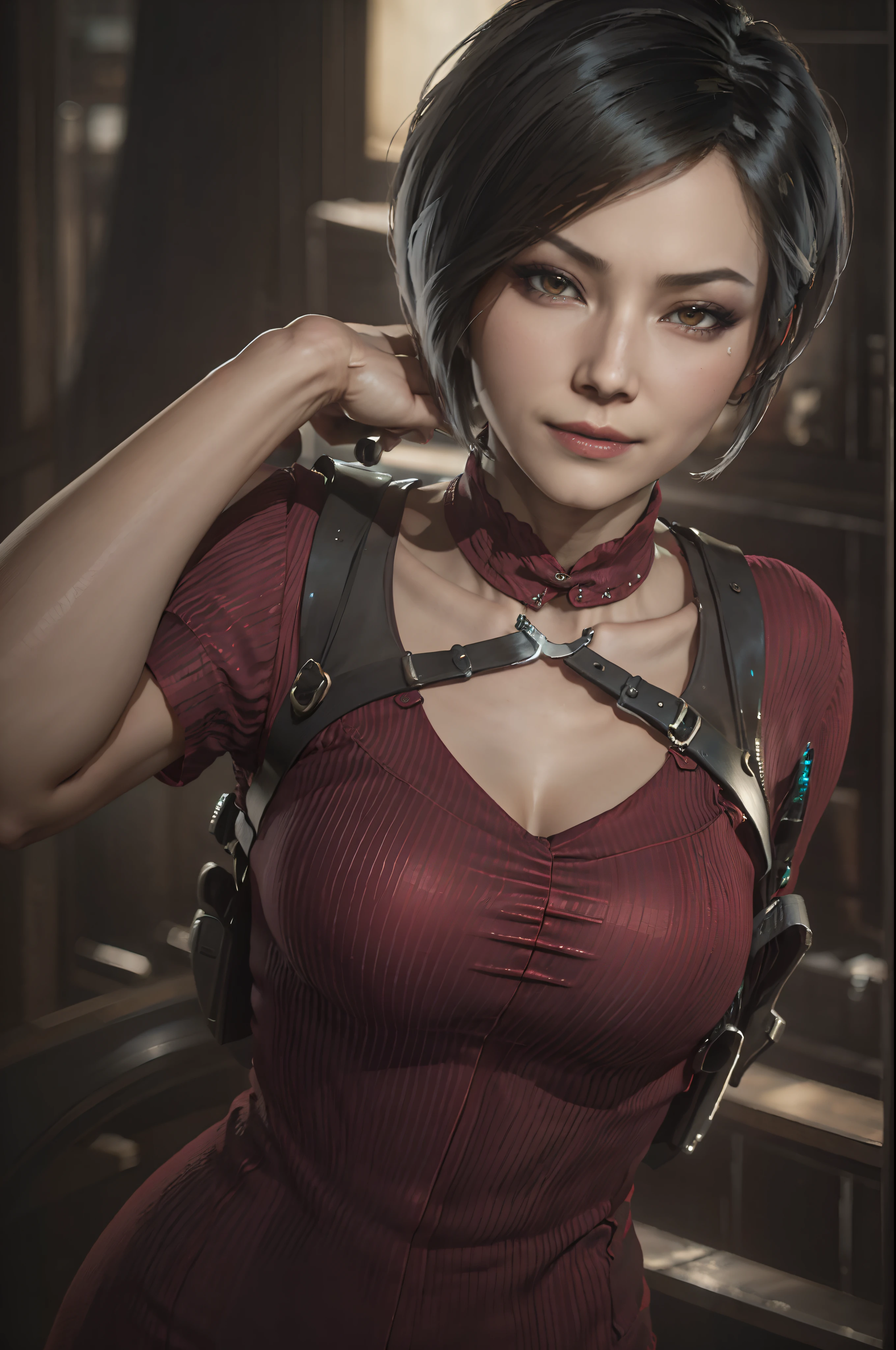 1 rapariga， 独奏， Ada Wong in the Resident Evil 4 remake， short detailed hair, brunette color hair， Red cheongsam， Short-sleeved shirt，， big breasts， upper legs， hindquarters， black heels， Adriana's face， audience looking， sly smile， The pistol was hung around her waist， Best quality at best， A high resolution：1.2， 18th century village in the background， shadowing， nightmare， rays of moonlight， Upper body shooting， Low camera angle、depth of fields、Center focus