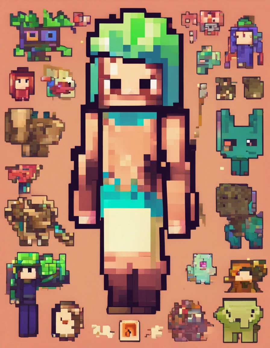 Pixel art of a woman with a green hair and a blue top - SeaArt AI