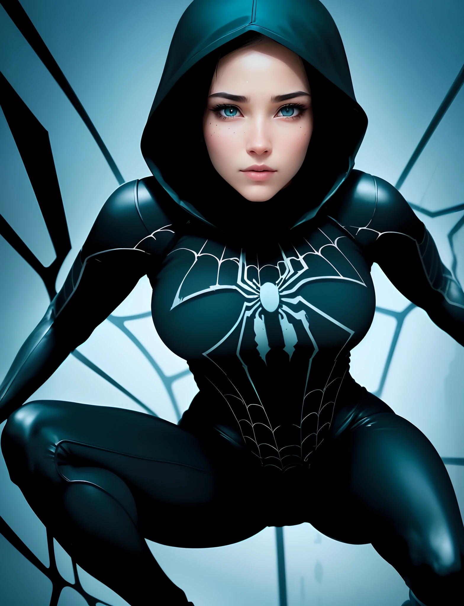 A woman in a black spider suit is posing for a picture - SeaArt AI