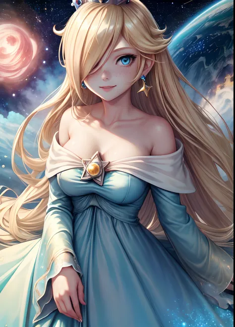 masterpiece, best quality, rosalina, 1girl, solo, blue dress, crown, blonde hair, stunning blue eyes, light freckles, perfect face, floating in space, starry sky, nebulas, shooting stars, planets, slight smile, blush, Lovecraftian atmosphere