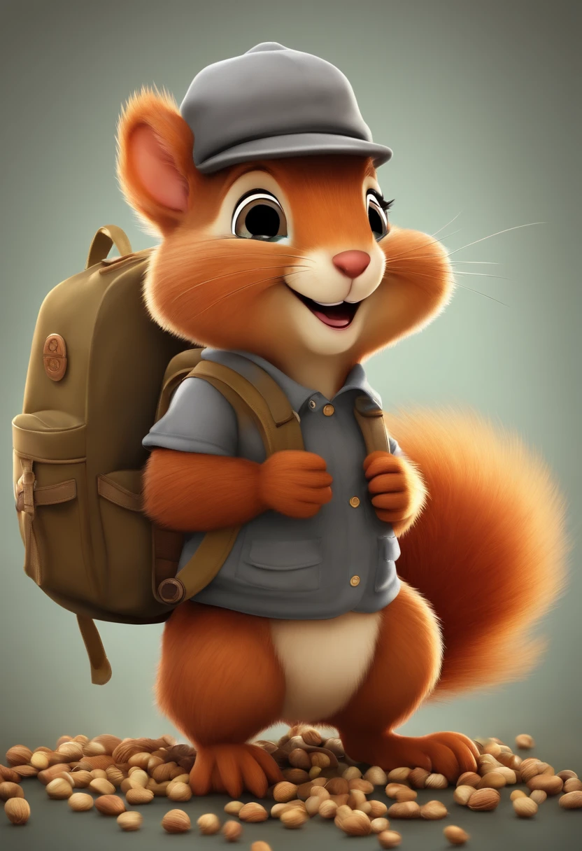 cute cartoon fluffy squirrel with backpack colleting nuts happily wearing a gray hat