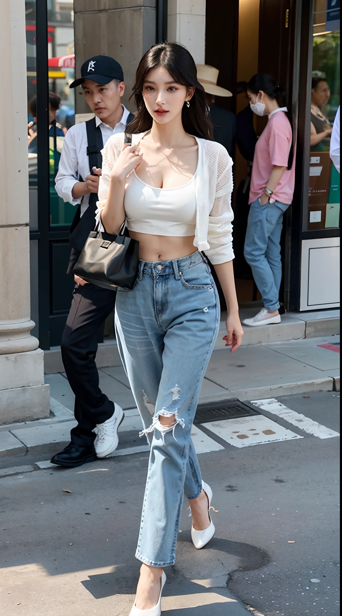 Araffed woman in white top and ripped jeans walking down the street -  SeaArt AI