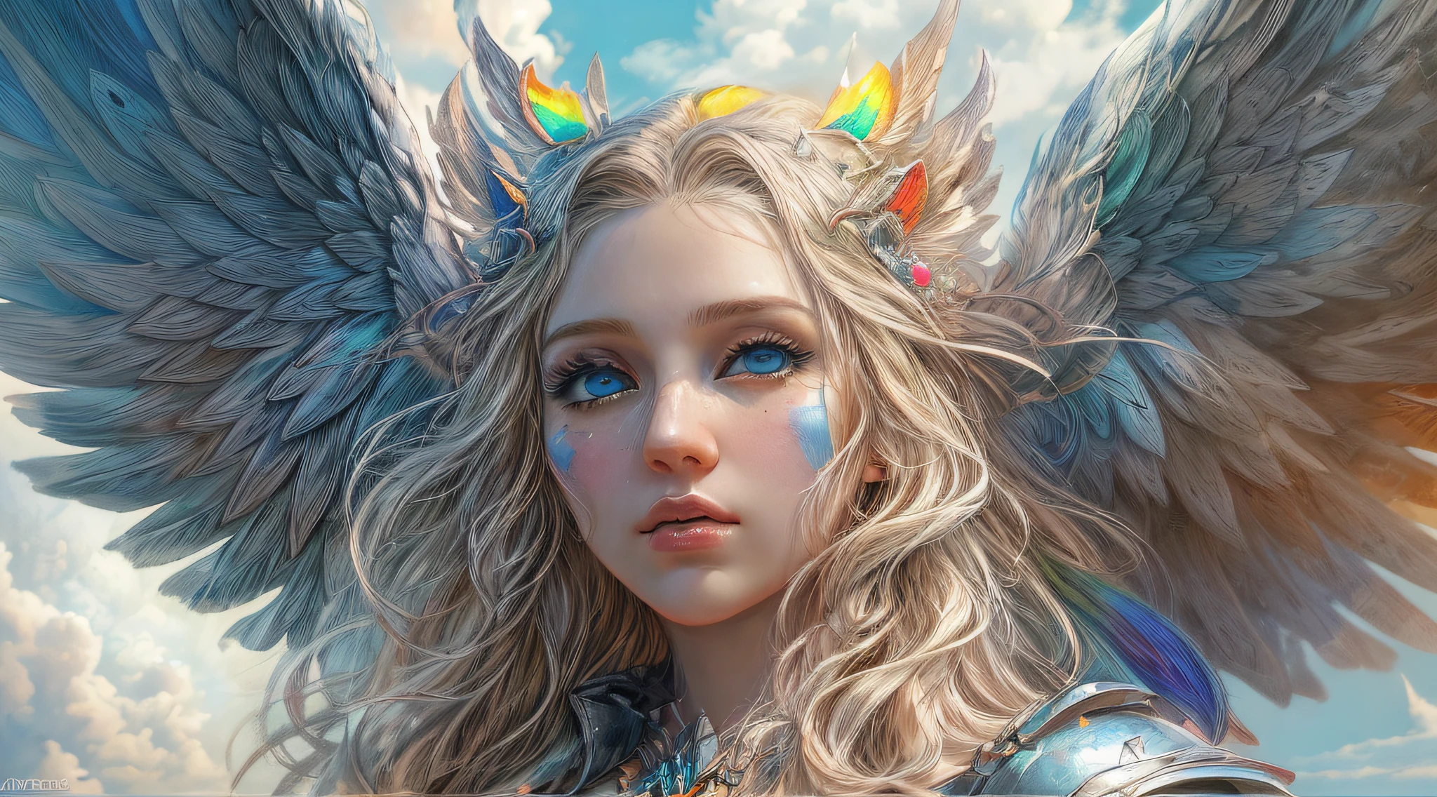 igh details, best quality, 16k, [ultra detailed], masterpiece, best quality, dynamic angle, ultra wide shot, RAW, photorealistic, fantasy art, realistic art, a picture of a (colorful rainbow: 1.5) in the heavens and an archangel flying by, fantasy art, RPG art, a full distance shot, an epic colorful rainbow: 1.5 between the clouds, a beautiful female archangel, blond hair, long hair, wavy hair, (blue eyes: 1.2), intense eyes (best detailed face: 1.3), (ultra feminine: 1.3) spread has_wings (rainbow colored wings: 1.5) wearing heavy armor, light clouds in the background, 16k, ultra detailed, masterpiece, best quality, ultra detailed, full body, ultra wide shot, photorealistic,