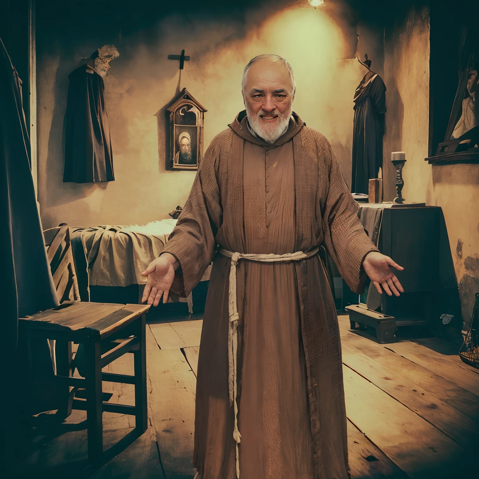 Image of a monk in a room with a table and chairs, wearing brown robes, brown robes, inspired by PADRE PIO, Directed by: Bernard Meninsky, Directed by: Aleksander Gierymski, ukrainian monk, Directed by: Artur Tarnowski, Directed by: Jan Konupek, nicodemus, inspired by Agnolo Gaddi, cinematic, realistic photo of padre pio,1920