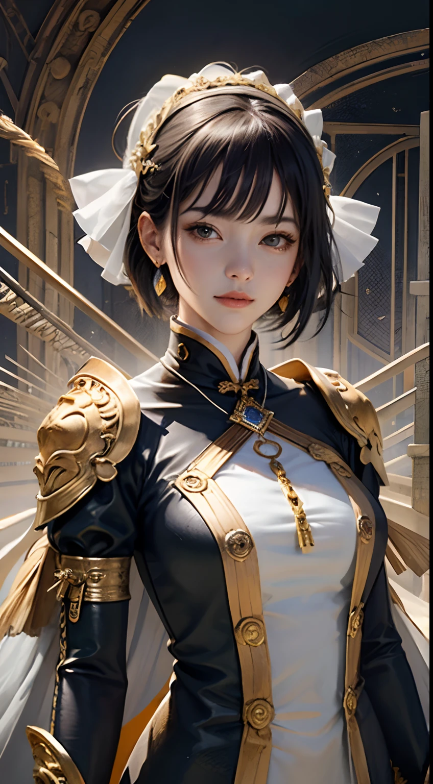 （tmasterpiece，top Quority，best qualtiy，offcial art，Beautiful and aesthetic：1.2），（1girl huge large breasts），waist - up，Tang suit，Hanfu，cyber punk style，mechs，Extremely detailed，Colorful，highestdetailed，offcial art，Unity 8k wallpaper，Ultra-detail，Beautiful and aesthetic，beatifull，tmasterpiece，best qualtiy，（zentangle，a Mandala，Tangles，Entangled），Sacred Radiance，gold foil，Gold leaf art，glitter drawing，PerfectNwsjMajic、a pixie cut