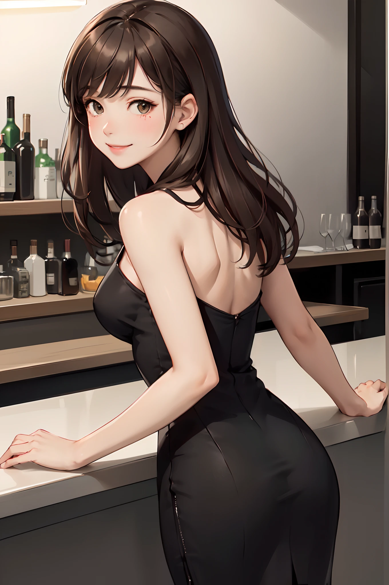 1lady solo, /(looking back from behind/), mature female, /(pencil dress/) /(black dress/), /(brown hair/) bangs, blush kind smile, (masterpiece best quality:1.2) delicate illustration ultra-detailed, arms down, /(bar counter night/)