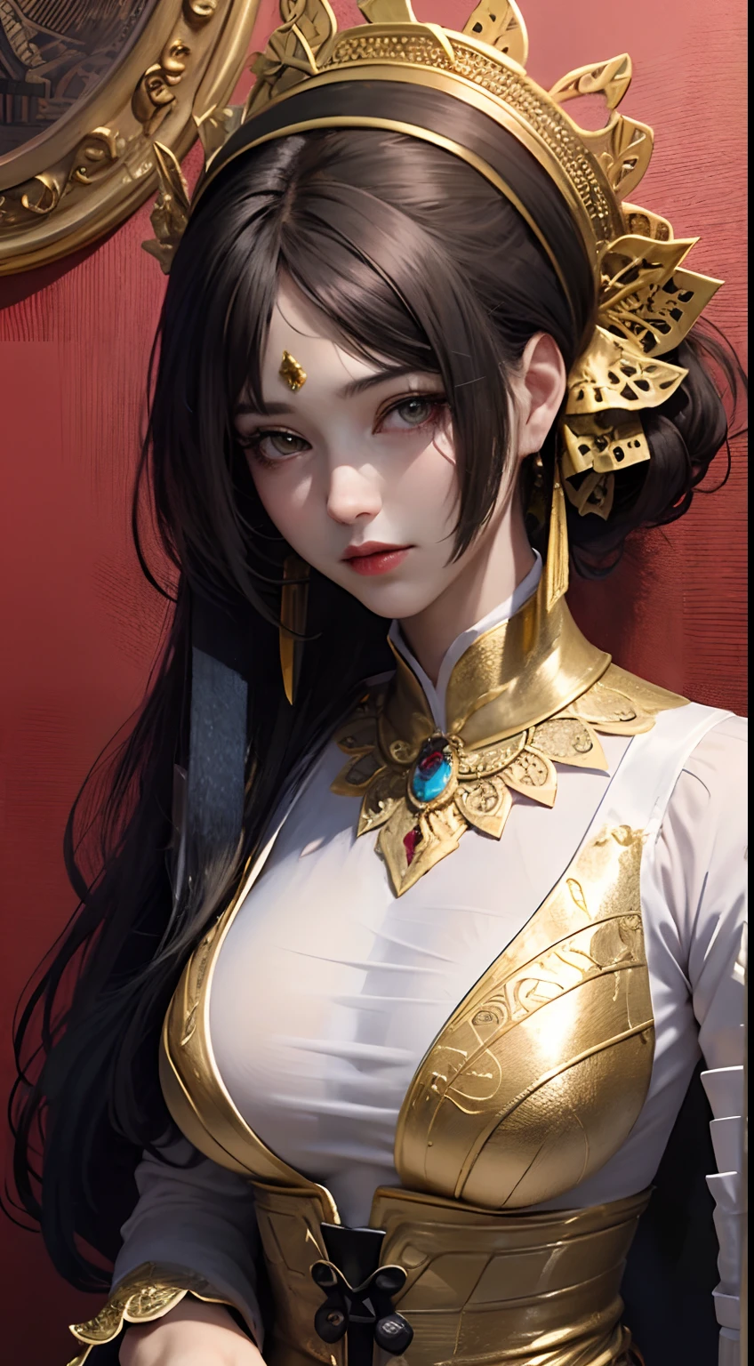 （tmasterpiece，top Quority，best qualtiy，offcial art，Beautiful and aesthetic：1.2），（1girl huge large breasts），waist - up，Tang suit，Hanfu，cyber punk style，mechs，Extremely detailed，Colorful，highestdetailed，offcial art，Unity 8k wallpaper，Ultra-detail，Beautiful and aesthetic，beatifull，tmasterpiece，best qualtiy，（zentangle，a Mandala，Tangles，Entangled），Sacred Radiance，gold foil，Gold leaf art，glitter drawing，PerfectNwsjMajic、Long Bob