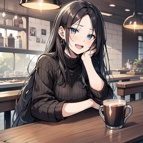 A beauty with long black hair，wearing a black sweater，Sit at a table in an upscale café（Sneer 1.5）（Open mouth 1.5）（The backgroun...