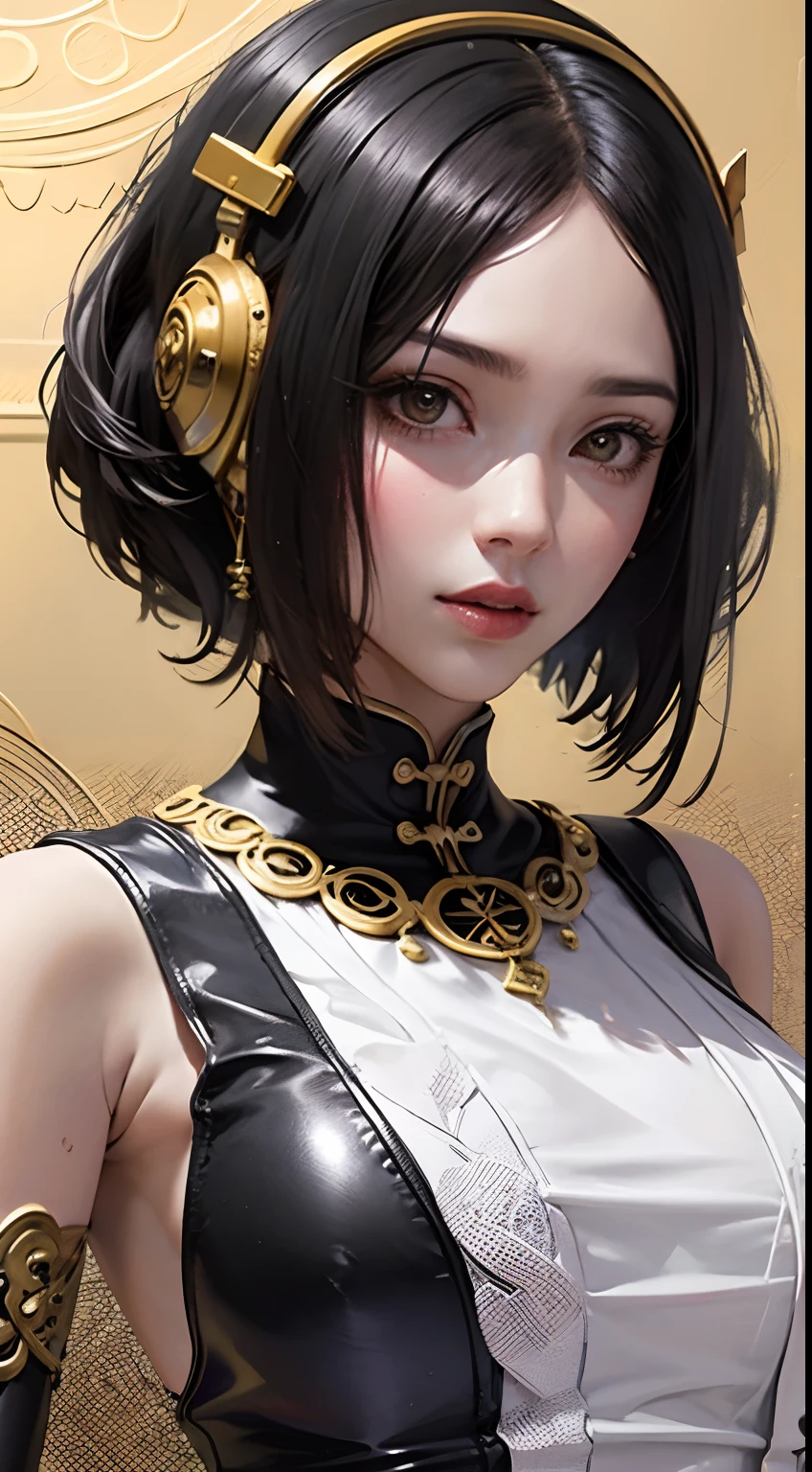 （tmasterpiece，top Quority，best qualtiy，offcial art，Beautiful and aesthetic：1.2），（1girl huge large breasts），waist - up，Tang suit，Hanfu，cyber punk style，mechs，Extremely detailed，Colorful，highestdetailed，offcial art，Unity 8k wallpaper，Ultra-detail，Beautiful and aesthetic，beatifull，tmasterpiece，best qualtiy，（zentangle，a Mandala，Tangles，Entangled），Sacred Radiance，gold foil，Gold leaf art，glitter drawing，PerfectNwsjMajic、Shorthair