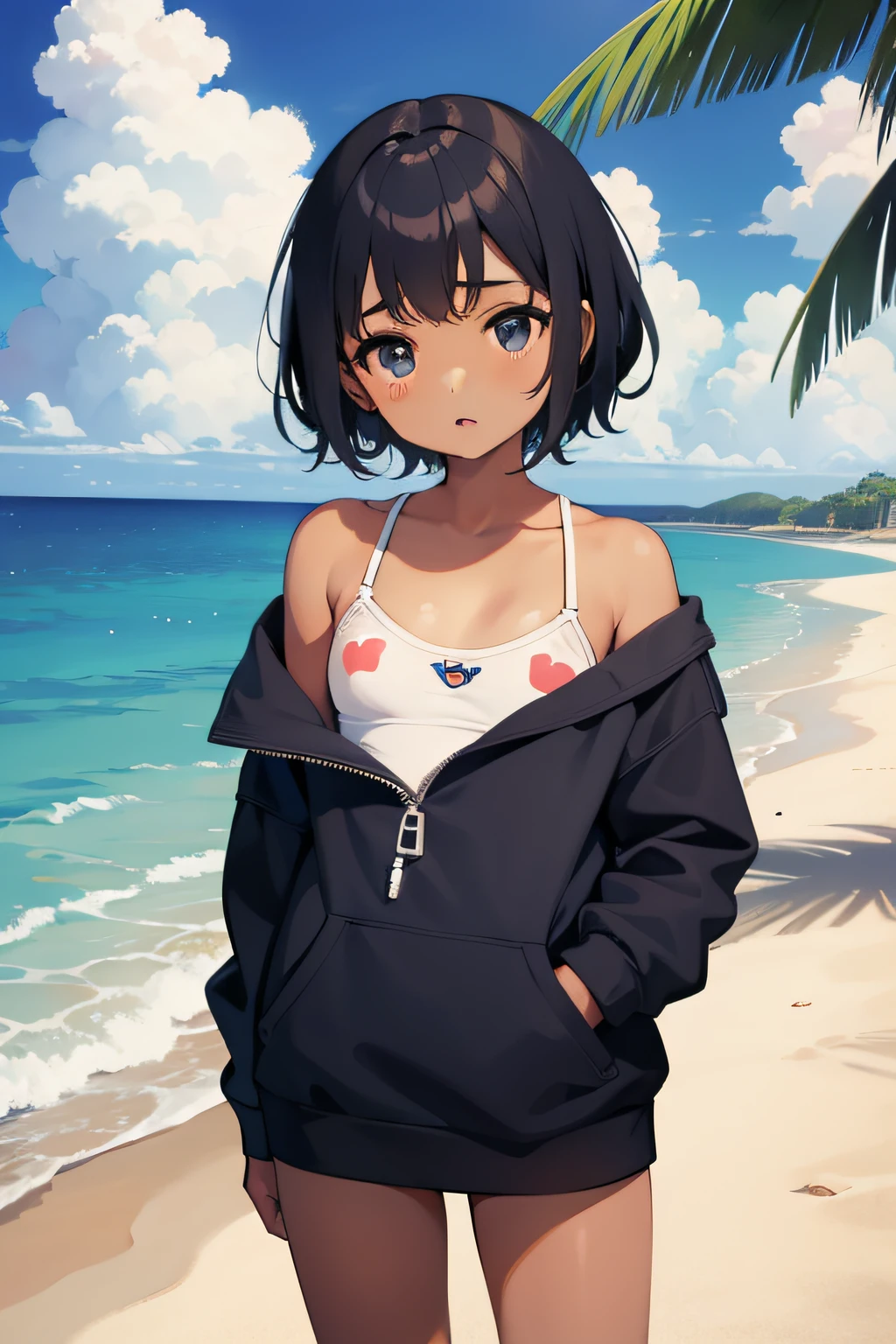Cute African American Girl、 actor、Risa Miyazaki、Slouched、short、Nip slip 、can be seen through the gaps in the clothes、The shape of nipple is clearly visible、Small、Anatomically correct body、Accurate drawing、​masterpiece、the beach