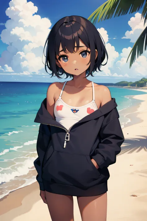 Cute African American Girl、child actor、Risa Miyazaki、Slouched、short、Nip slip 、can be seen through the gaps in the clothes、The shape of nipple is clearly visible、Small、Anatomically correct body、Accurate drawing、​masterpiece、the beach