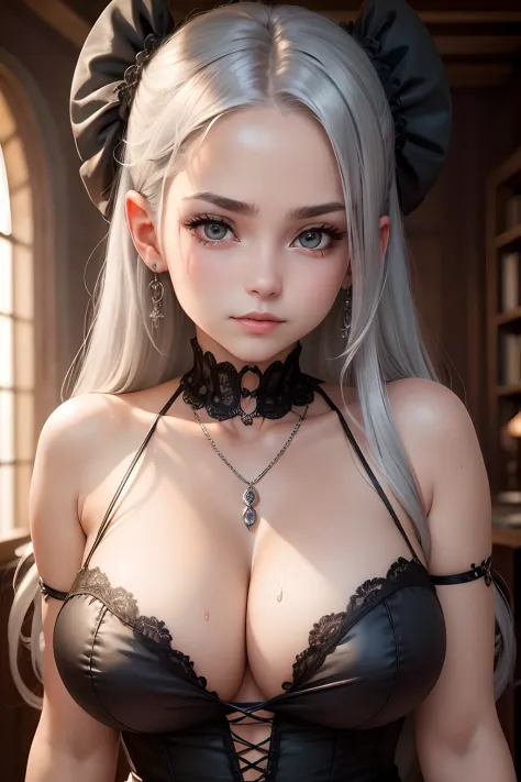 High quality, rich in detail, twin-tailed silver-haired girl posing cutely. They wear vintage Gothic gothic clothes, wearing bracelets, earrings and necklaces. Big are also visible. The photo is a close-up of the face, with cleavage, shiny breasts, sweat i...