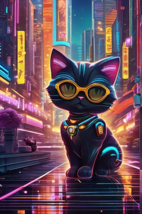 best quality, masterpiece, very detailed, cute chibi futuristic cat, neon city background, detailed background