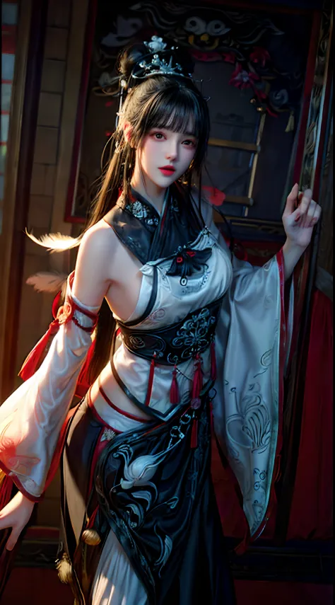 (best quality,4k,high-resolution,masterpiece:1.2), ultra-detailed, realistic, black and white Hanfu with black embroidery, elega...
