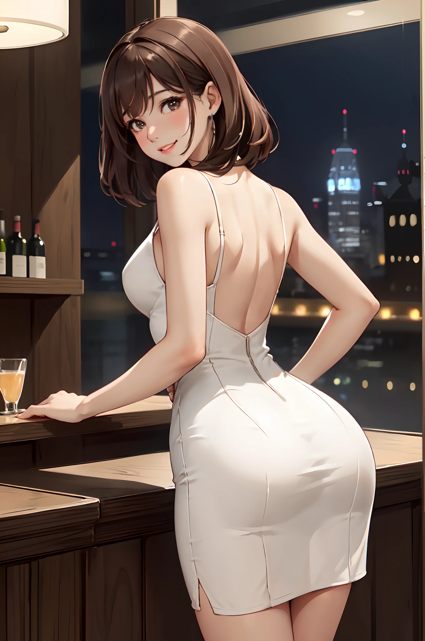 1lady solo, /(looking back from behind/), mature female, /(pencil dress/), /(brown hair/) bangs, blush kind smile, (masterpiece best quality:1.2) delicate illustration ultra-detailed, arms down, thigh, /(bar counter night/)