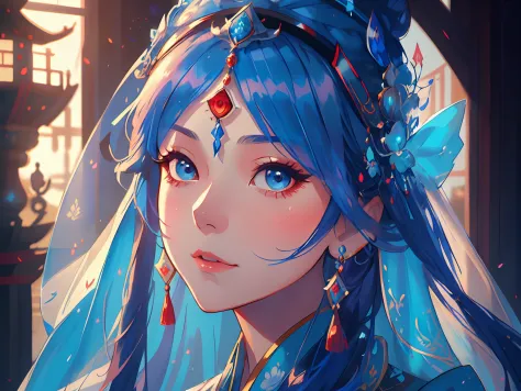 a close up of a woman wearing a blue headdress and a blue veil, palace ， a girl in hanfu, a beautiful fantasy empress, artwork i...