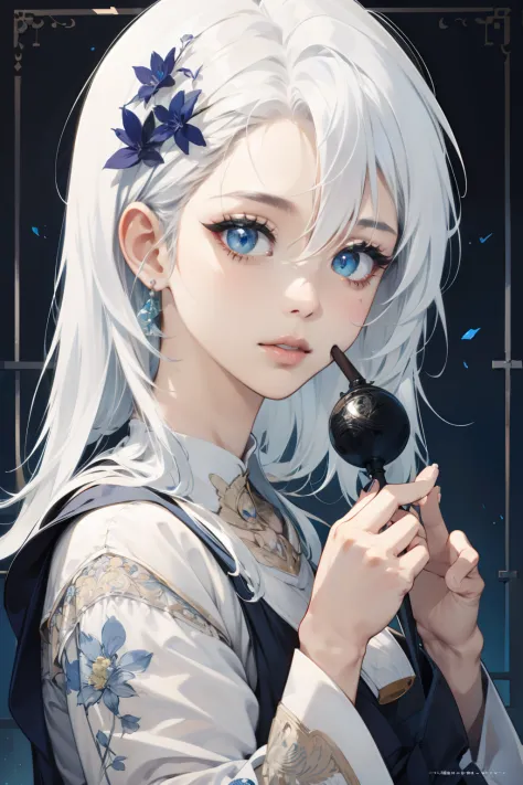 (absurderes、hight resolution、ultra-detailliert)、1girl in、white  hair、length hair、bluntbangs、blue eyess、doress、long-sleeve、finely...