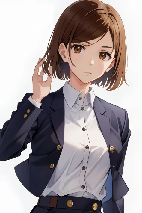 kugisaki-nobara, Closed mouth, Brown eyes, School uniform, Short hair, Jacket, Upper body, 1girl in, Lips, Brown hair, Solo