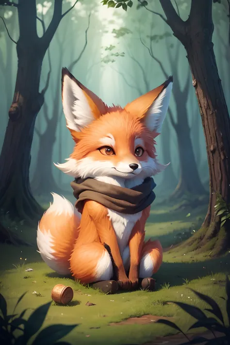 Cute fox sitting lonely in the forest　Disney  style　No scarf required