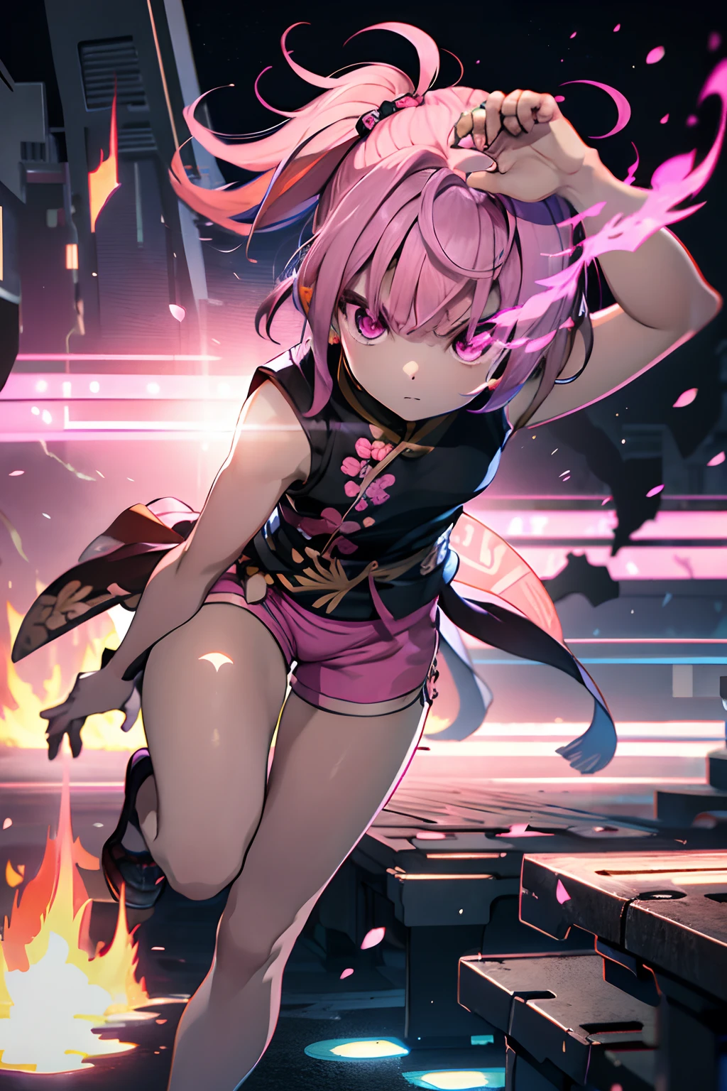 A pink-haired、pink there、chinese clothes、Sleeveless、shortpants、Blunt bangs、Short ponytail、Side Up、Photorealsitic, hight resolution, 1 rapariga, Korea person, Eye of Fire