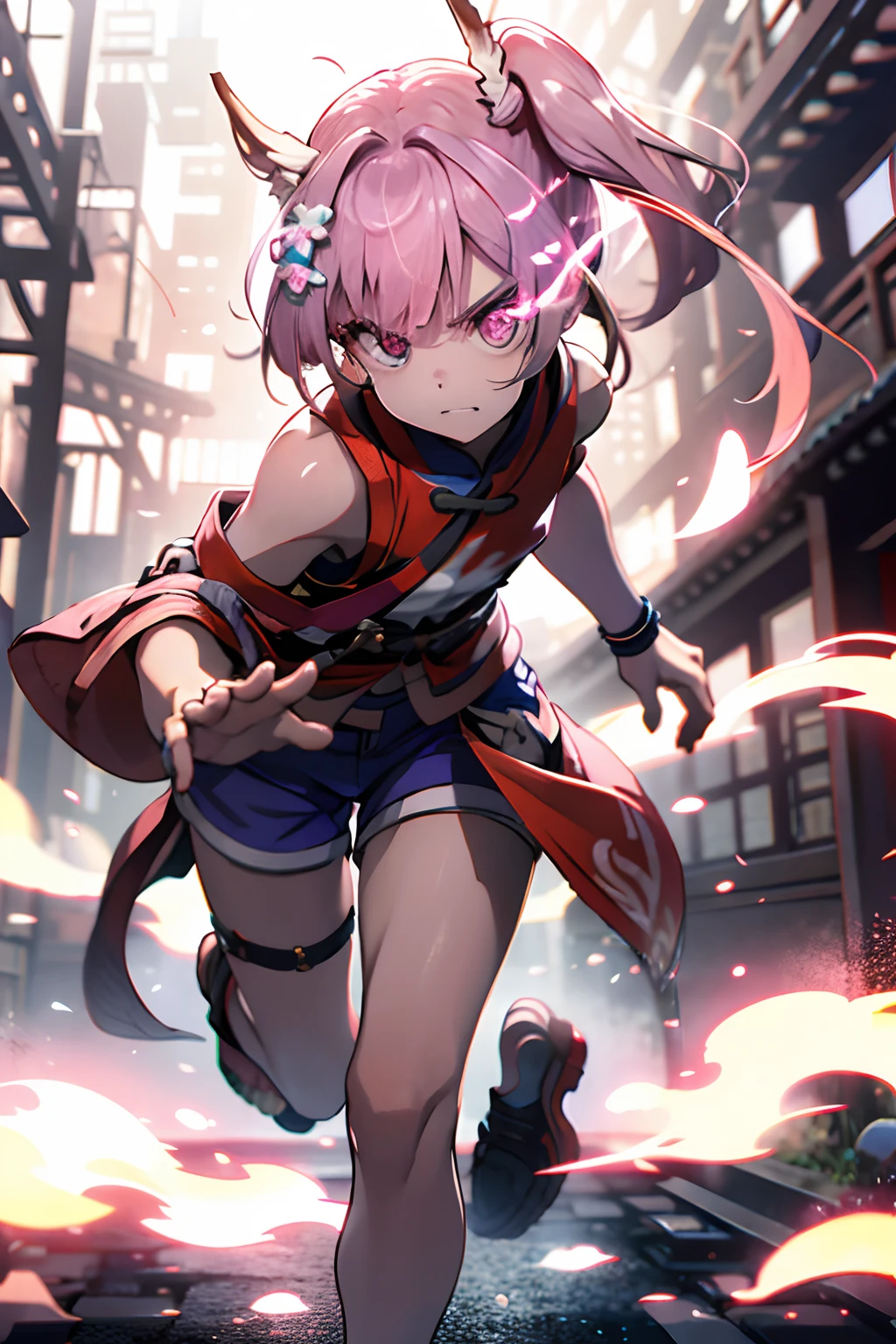 A pink-haired、poneyTail、chinese clothes、Sleeveless、shortpants、Blunt bangs、Short ponytail、Side Up、Photorealsitic, hight resolution, 1 rapariga, Korea person, Eye of Fire