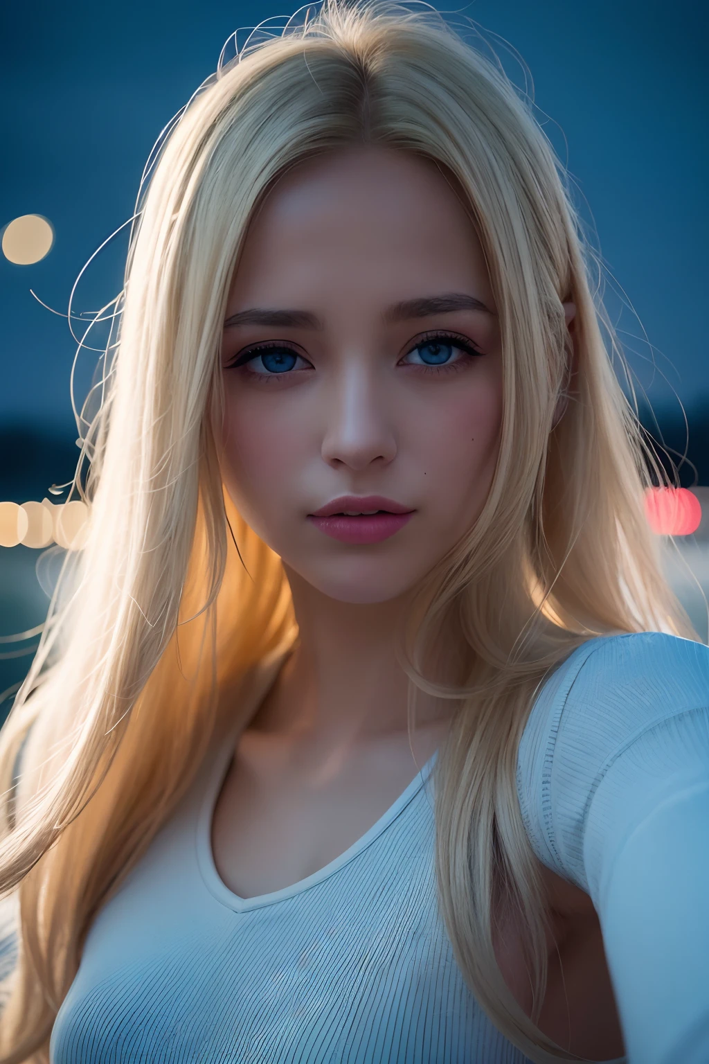 ((At night city lights in the background)), RAW photo, (((extremely beautiful portrait))), ((shiny skin)), 1girl, 31 years old, girl from Prague, ((natural blonde hair)), [blue eyes], long hair, eyeliner, flowing hair, vibration, ((masterpiece, best quality, hyper-detail, cinematic light, intricate details, high resolution, 8k, very detailed)), detailed background, 8k uhd, dslr, soft lighting, high quality, film grain, Fujifilm XT3, shallow depth of field, natural light, (perfect hands), perfect face, view from afar