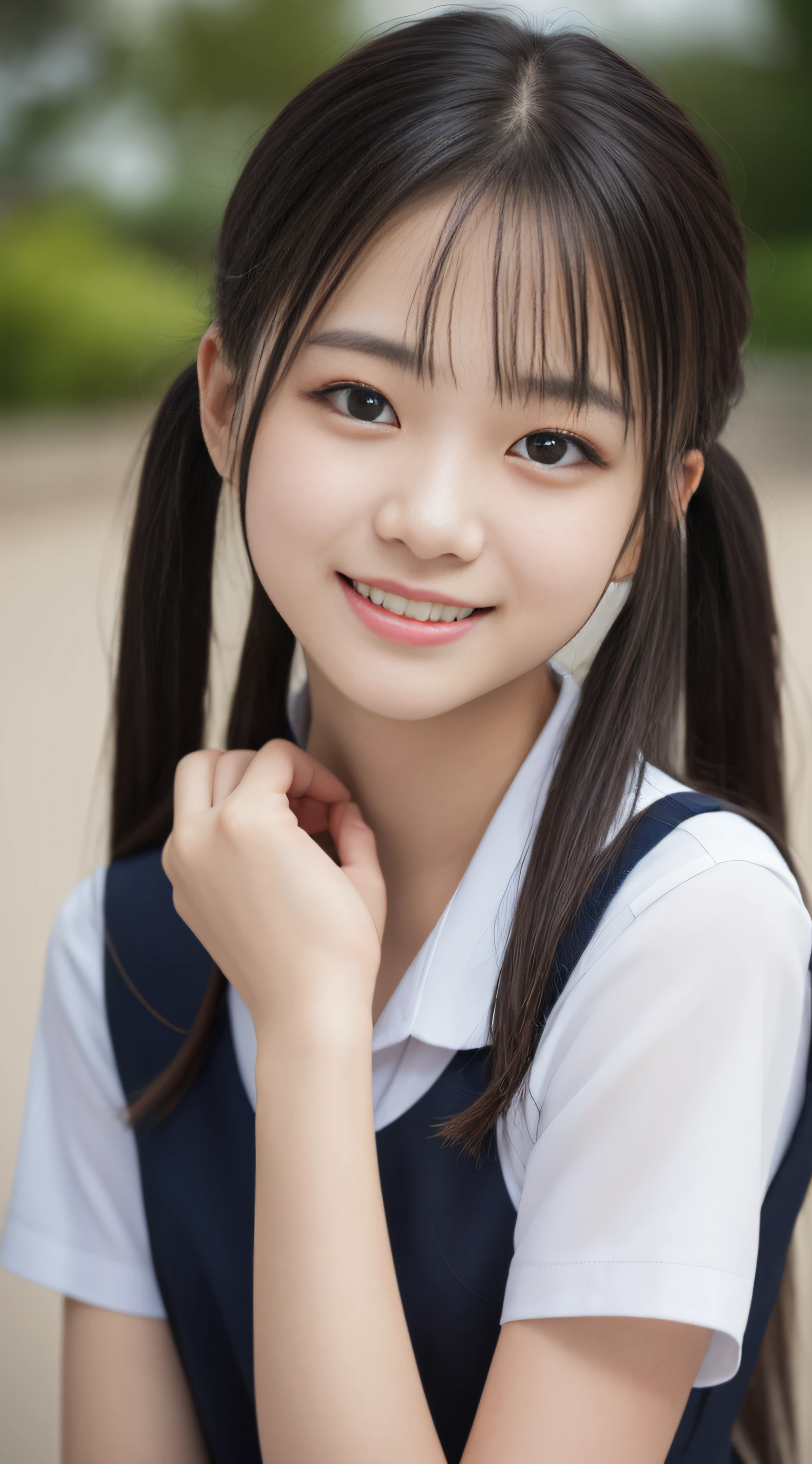 Masterpiece, highest quality, 8k, 15 years old, Japanese girl, twintails, raw photo, absurdity, award-winning portrait, smile, smile, solo, school uniform, summer uniform, idol face, violace, gardenia, delicate girl , long black hair, dark eyes, upper body, DSLR, looks at the viewer, candid, sophisticated, youthful, thin arms, professional lighting, film grain, chromatic aberration, (eye and face details: 1.0), (bokeh) Taste: 1.1)