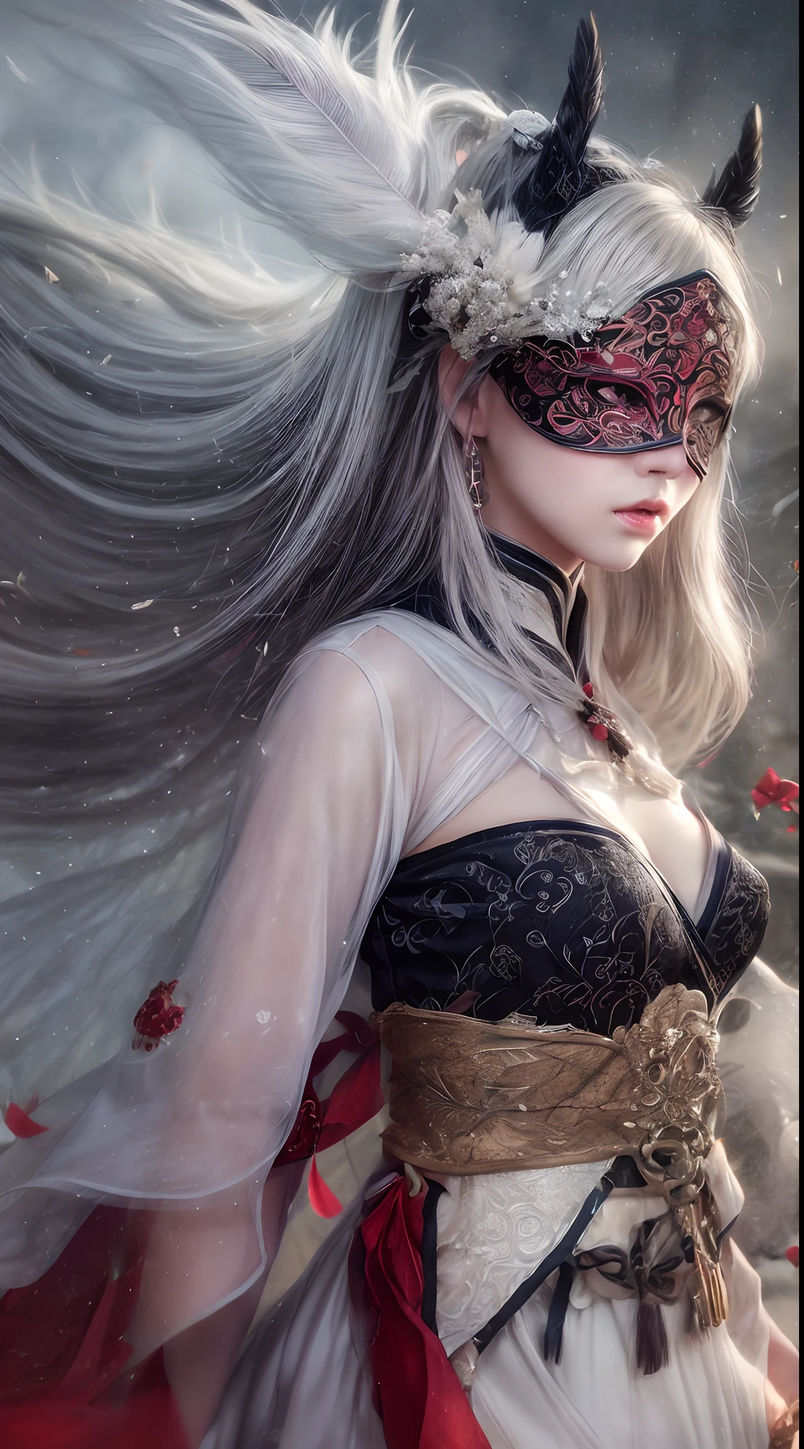 (Best quality,4K,A high resolution,Masterpiece:1.2), Ultra-detailed, Realistic, Black and white hanfu with black embroidery, Elegant white ponytail, long and flowing hair, White mask, A mask fluttering in the wind, Fringed Hair Ornament, Peony flower, Ancient style, oversized sleeves, Dynamic posing, Dramatic composition, Falling petals, red waistband, intricate background, Ancient architecture, A thin mist and thick clouds, Swirling clouds, Cinematic lighting, Complex feather background.