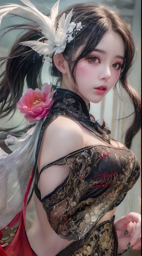 (Best quality,4K,A high resolution,Masterpiece:1.2), Ultra-detailed, Realistic, Black and white hanfu with black embroidery, Ele...