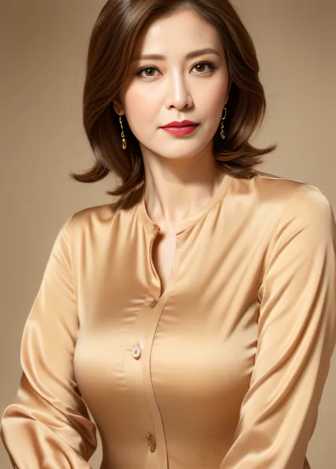 masterpiece,best quality, (1 milf), ((portrait:1.5)), ((looking at the viewer)), makeup, elegant beige shirt, touch own chest, (...
