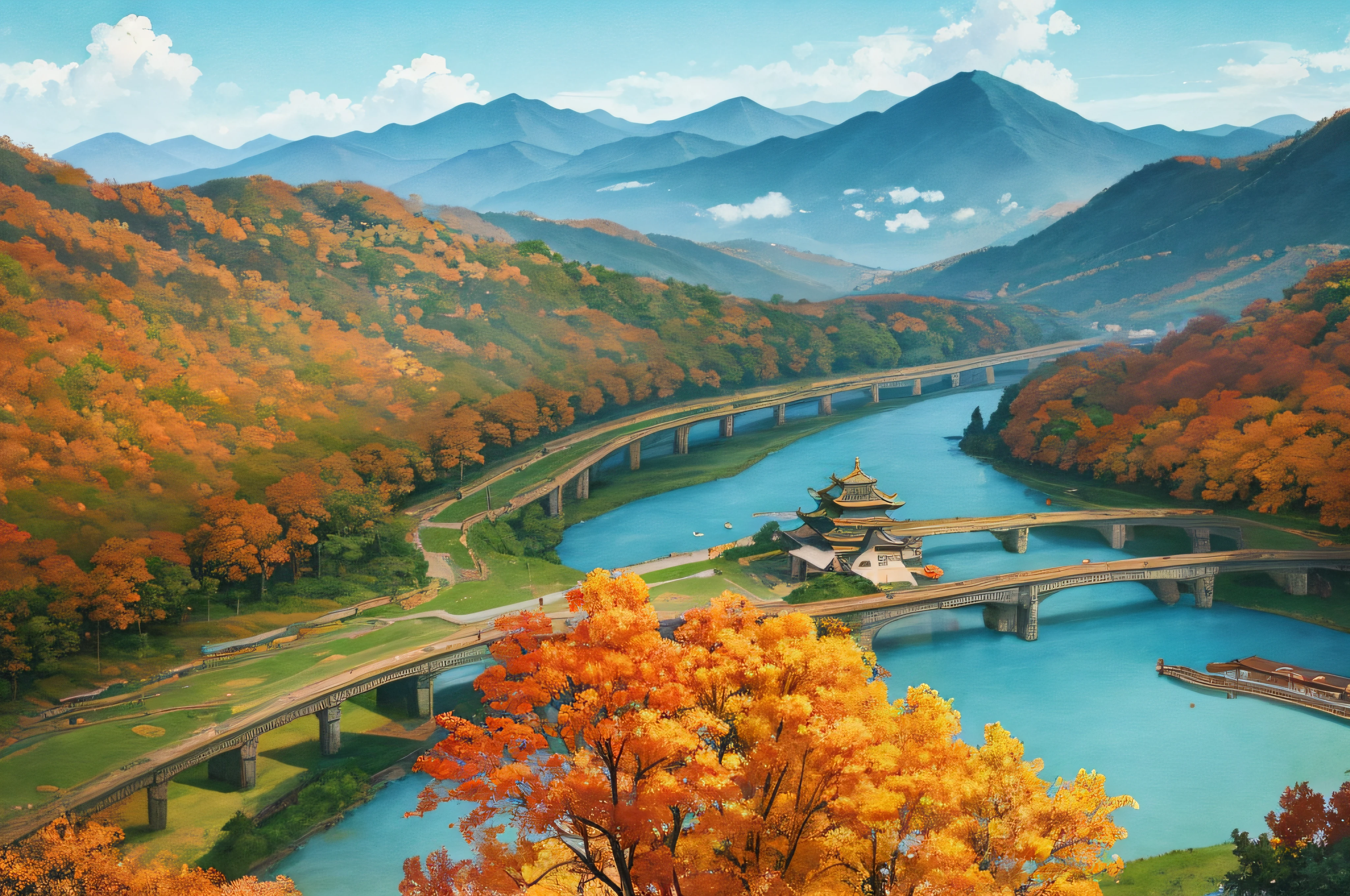 秋天的、彩色的叶子、水彩画、一幅中國古代畫、古代中國背景、蒙特、一條河、祥云、傑作、超細節、宏偉的構圖、高品質、非常詳細、8K、墙纸、